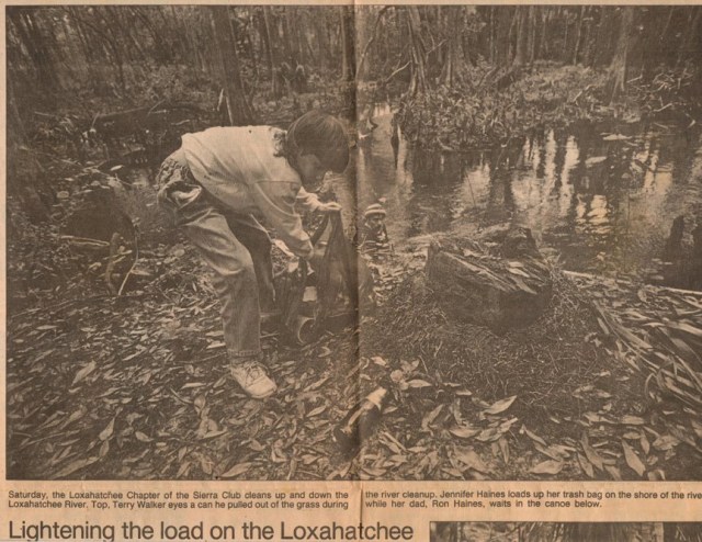 Palm Beach Post, 1988. Article features the Sierra Club cleanup trip down the Loxahatchee River. My daughter fills a bag while I watch from the canoe.