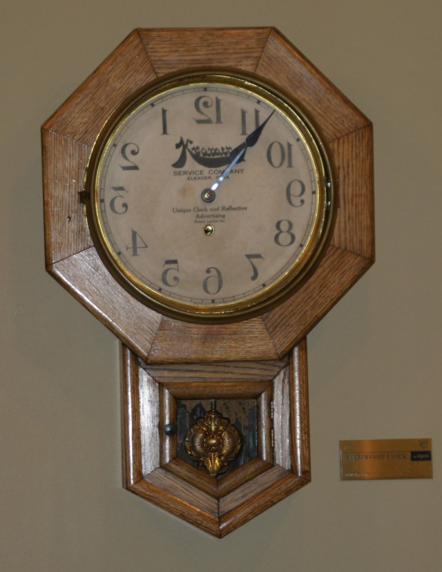 No, not a flopped photo. This is a real clock, labeled Barbershop Clock, circa 1920 (Photo by Ron Haines)