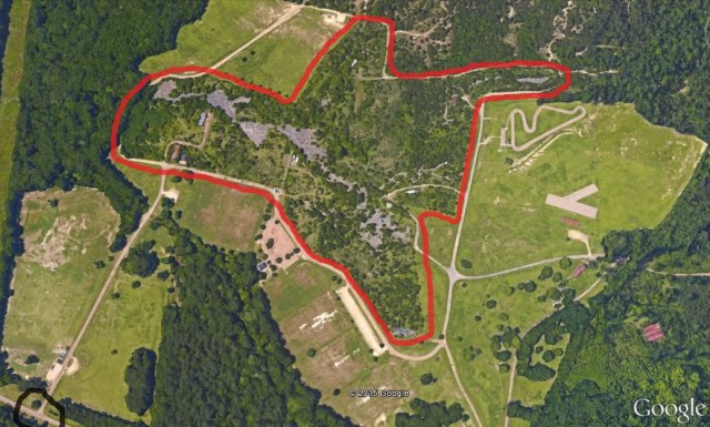 Entrance to the park is at lower left. The area outlined in red is the river model.